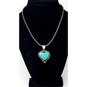 Johnny Dixon Navajo Sterling Silver Mine #8 Turquoise Heart Pendant Necklace